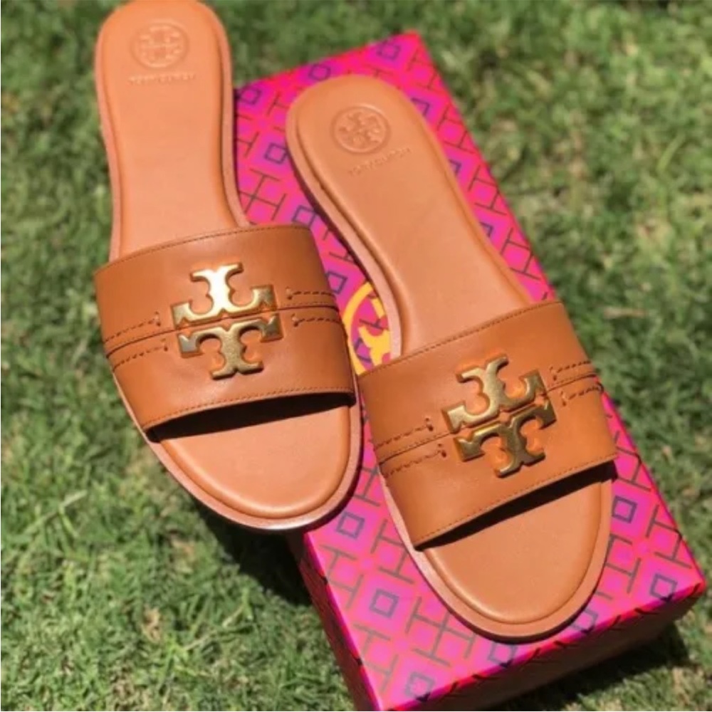 Tory Burch Tan Leather Miller Slide Sandals with Gold Logo